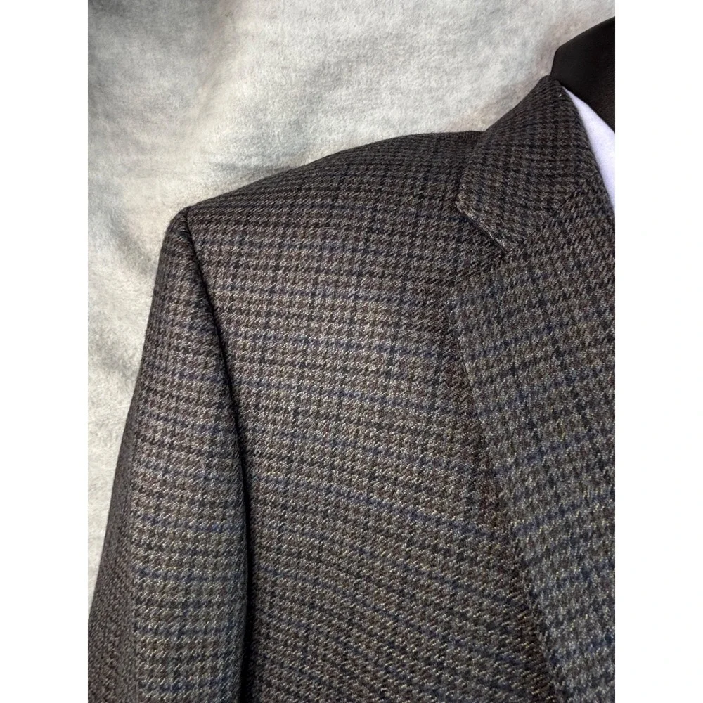 Vintage Blazer Sport Coat Jacket Izod Wool 48L Blue Gray Brown Plaid Houndstooth